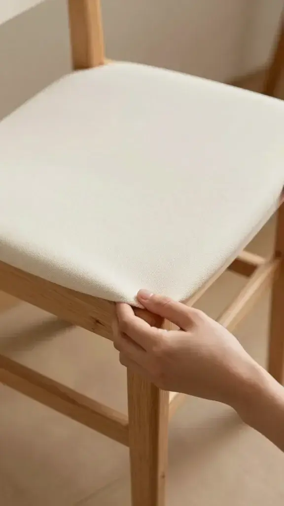 Hands stretching new fabric over wooden chair frame