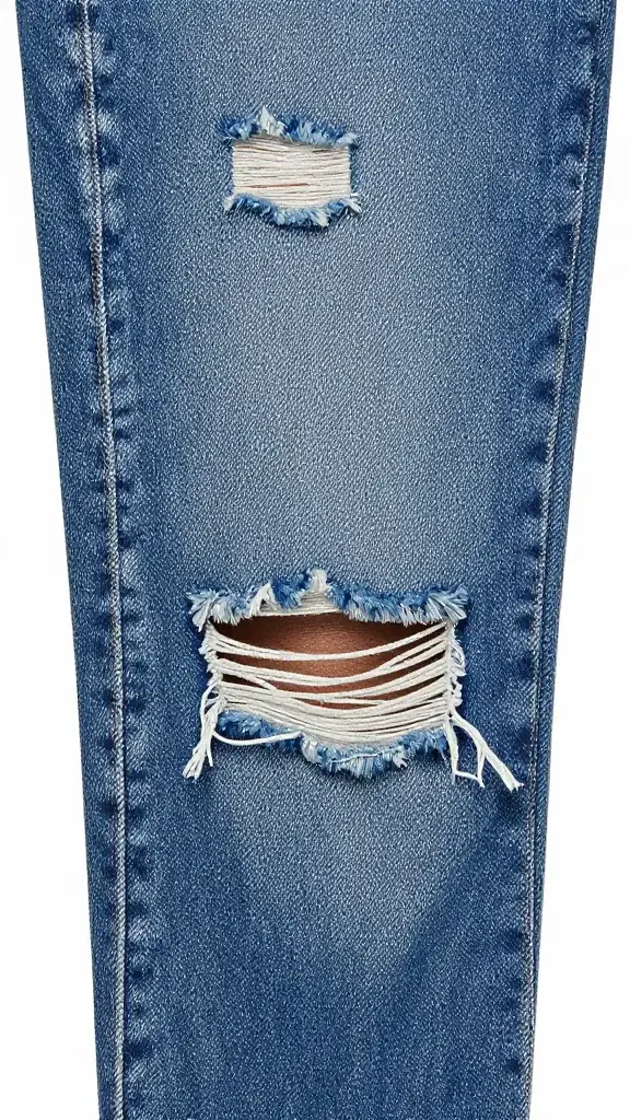 Closeup of distressed denim jeans with frayed hem