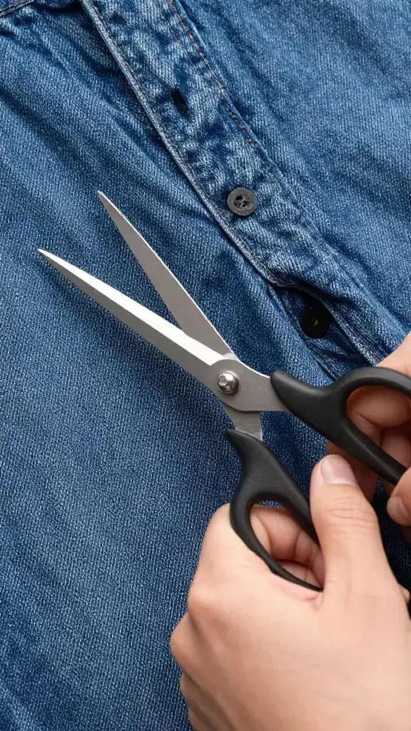 Hands cutting blue jeans with fabric scissors