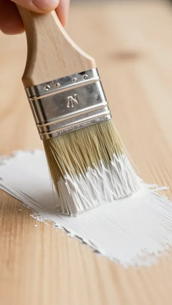 Closeup of paintbrush applying white chalk paint on wood